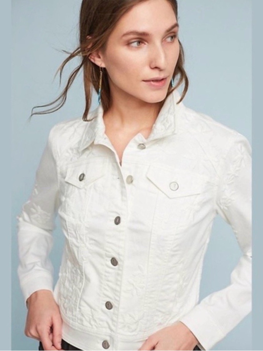 Anthropologie White Embroidered Denim Jacket